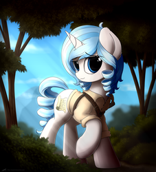 Size: 3000x3300 | Tagged: safe, artist:avastin4, oc, oc only, oc:opuscule antiquity, pony, unicorn, clothes, forest, high res, solo