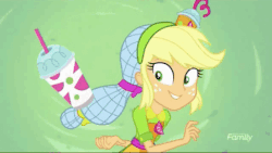 Size: 448x253 | Tagged: safe, applejack, equestria girls, g4, my little pony equestria girls: summertime shorts, shake things up!, animated, boots, clothes, dancing, female, gif, juice, shoes, shorts
