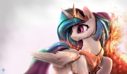 Size: 1800x1049 | Tagged: dead source, safe, artist:noctilucent-arts, daybreaker, princess celestia, alicorn, pony, g4, crying, featured image, female, fire, gradient background, looking back, mane of fire, mare, raised hoof, smiling, solo, transformation