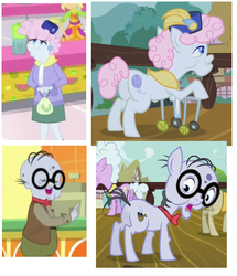 Size: 561x653 | Tagged: safe, edit, screencap, chelsea porcelain, geri, mr. waddle, pearly stitch, earth pony, pony, eqg summertime shorts, equestria girls, g4, shake things up!, bowtie, comparison, cropped, elderly, female, glasses, hat, liver spots, male, mare, stallion, walker