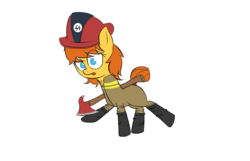Size: 1400x900 | Tagged: safe, artist:otherdrawfag, oc, oc only, oc:fireaxe, pony, /mlpol/, axe, boots, fire dep, firefighter, firefighter helmet, fireproof boots, helmet, rwss, safety squad, shoes, simple background, solo, tongue out, tuft, weapon, white background
