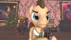 Size: 3840x2160 | Tagged: safe, artist:goatcanon, doctor whooves, time turner, earth pony, pony, g4, 3d, crossover, doctor who, doctor whooves is not amused, gun, handgun, high res, pointing, revolver, scene interpretation, the doctor, the end of time, the master