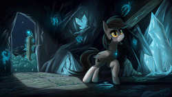 Size: 1920x1080 | Tagged: safe, artist:phenya, oc, oc only, oc:top hat, pony, cave, crystal, mysterious, night, shadow, solo