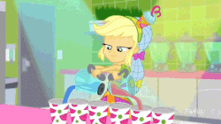 Size: 768x432 | Tagged: safe, applejack, equestria girls, g4, my little pony equestria girls: summertime shorts, shake things up!, animated, cup, female, gif, mixer, spotlight