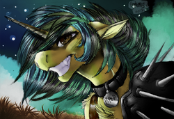 Size: 3684x2526 | Tagged: safe, artist:brainiac, oc, oc only, oc:piper, pony, unicorn, armor, chest fluff, clothes, collar, evil grin, fangs, female, floppy ears, grin, high res, leather, mare, name tag, pet collar, raider, raider armor, scar, screws, shoulder fluff, smiling, solo, spiked armor, spikes, text