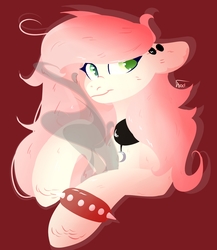 Size: 2600x3000 | Tagged: safe, artist:worldlofldreams, oc, oc only, unnamed oc, pony, bracelet, charm, choker, ear piercing, earring, high res, jewelry, one eye closed, piercing, simple background, smiling, smoke, solo, spiked wristband, wink, wristband