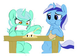 Size: 1272x934 | Tagged: safe, artist:elslowmo, lyra heartstrings, minuette, pony, g4, angry, chopsticks, duo, eating, food, frustrated, gritted teeth, imminent rage, sandwich, struggling, sushi