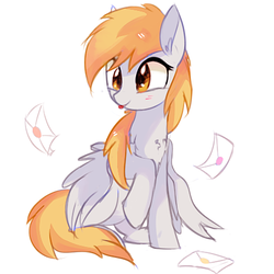 Size: 453x453 | Tagged: safe, artist:aureai, derpy hooves, pegasus, pony, chest fluff, cute, derpabetes, ear fluff, female, happy, letter, mare, raised hoof, simple background, sitting, solo, spread wings, tongue out, white background, wings
