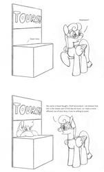 Size: 1180x1948 | Tagged: safe, artist:dsb71013, oc, oc only, oc:hazel naught, oc:maplejack, pegasus, pony, comic, dialogue, duo, female, mare, monochrome, simple background, smol, white background