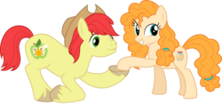 Size: 6431x3001 | Tagged: safe, artist:cloudy glow, bright mac, pear butter, earth pony, pony, g4, the perfect pear, .ai available, absurd resolution, applejack's parents, cowboy hat, female, hat, holding hooves, husband and wife, male, mare, ship:brightbutter, shipping, simple background, smiling, stallion, stetson, straight, transparent background, vector