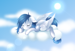 Size: 3900x2672 | Tagged: safe, artist:scarlet-spectrum, oc, oc only, pegasus, pony, cloud, cute, eyes closed, floppy ears, high res, male, patreon reward, sky, sleeping, solo, stallion, sun