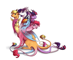 Size: 1379x1139 | Tagged: safe, artist:28gooddays, applejack, fluttershy, pinkie pie, rainbow dash, rarity, twilight sparkle, chimera, dragon, hydra, g4, appleflaritwidashpie, dragon wings, dragonified, ear fluff, fangs, fusion, horn, hydrafied, legendary creature, looking at you, mane six, mane six hydra, multiple heads, multiple horns, multiple tails, simple background, sitting, six heads, species swap, tiamat, twilidragon, we have become one, white background, wings