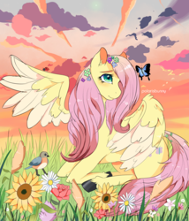 Size: 1200x1400 | Tagged: safe, artist:sunny-dean, fluttershy, bird, bluebird, butterfly, pony, g4, colored wings, colored wingtips, flower, flower in hair, grass, hair over one eye, looking away, looking up, multicolored wings, sitting, spread wings, unshorn fetlocks, wings