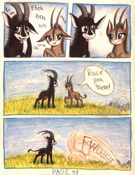 Size: 1076x1392 | Tagged: safe, artist:thefriendlyelephant, oc, oc only, oc:sabe, oc:uganda, antelope, giant sable antelope, comic:sable story, acacia tree, africa, animal in mlp form, bashful, blushing, cloud, cloven hooves, comic, cute, dust, embarrassed, fwoosh, grass, horns, mountain, savanna, shipping, speech bubble, speed lines, surprised, traditional art