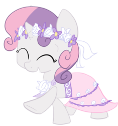 Size: 376x400 | Tagged: safe, artist:elslowmo, sweetie belle, pony, unicorn, g4, clothes, cute, diasweetes, dress, eyes closed, female, filly, flower filly, flower girl, flower girl dress, solo