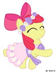 Size: 486x624 | Tagged: safe, artist:elslowmo, apple bloom, earth pony, pony, g4, clothes, dress, eyes closed, female, filly, flower filly, flower girl, solo