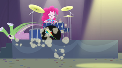 Size: 1280x714 | Tagged: safe, screencap, fluttershy, pinkie pie, equestria girls, g4, my little pony equestria girls: rainbow rocks, drums, female, great moments in animation, musical instrument, smear frame
