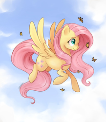 Size: 3900x4500 | Tagged: safe, artist:kodabomb, fluttershy, butterfly, pony, g4, absurd resolution, cloud, female, flying, looking at something, sky, solo, spread wings, wings