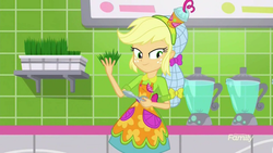 Size: 1280x720 | Tagged: safe, screencap, applejack, equestria girls, g4, my little pony equestria girls: summertime shorts, shake things up!, apron, blender (object), clothes, hair net, scissors, wheatgrass