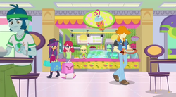 Size: 1280x704 | Tagged: safe, screencap, alizarin bubblegum, applejack, captain planet, ginger owlseye, valhallen, equestria girls, g4, my little pony equestria girls: summertime shorts, shake things up!, background human, canterlot mall, chair, table