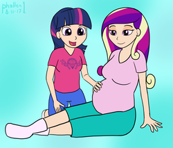 Size: 1195x1019 | Tagged: safe, artist:phallen1, princess cadance, twilight sparkle, human, g4, air ponyville, atg 2017, auntie twilight, clothes, cute, cutedance, female, hand on belly, humanized, mama cadence, newbie artist training grounds, pregdance, pregnant, sensibly-proportioned pregnancy, shirt, simple background, sisters-in-law, sitting, socks, t-shirt, twiabetes