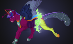 Size: 1300x793 | Tagged: safe, artist:bijutsuyoukai, oc, oc only, oc:alistair, changepony, hybrid, cloven hooves, fangs, magic, male, obtrusive watermark, offspring, parent:thorax, parent:twilight sparkle, parents:twirax, solo, transformation, watermark