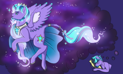 Size: 1148x695 | Tagged: safe, artist:anonymous-potayto, oc, oc only, oc:magic mike, alicorn, pony, unicorn, dream, magical lesbian spawn, male, offspring, parent:starlight glimmer, parent:trixie, parents:startrix, solo, stallion