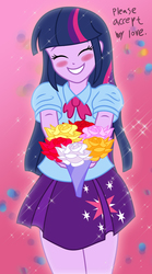 Size: 1110x1992 | Tagged: safe, artist:sumin6301, twilight sparkle, equestria girls, g4, bouquet, clothes, cute, cutie mark on clothes, dialogue, eyes closed, female, flower, legs together, pleated skirt, skirt, smiling, solo, twilight sparkle's skirt