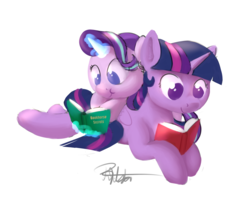 Size: 1817x1473 | Tagged: safe, artist:pucksterv, starlight glimmer, twilight sparkle, alicorn, pony, unicorn, g4, book, glowing horn, horn, reading, simple background, teacher and student, twilight sparkle (alicorn), white background