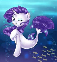Size: 1560x1690 | Tagged: safe, artist:tcn1205, rarity, seapony (g4), unicorn, g4, my little pony: the movie, blue background, blue eyes, blue mane, blue tail, bubble, crepuscular rays, cute, digital art, dorsal fin, eyelashes, eyeshadow, female, fin, fish tail, flowing mane, flowing tail, gem, happy, horn, jewelry, looking at you, makeup, mare, necklace, ocean, one eye closed, pearl necklace, pretty, raribetes, scales, seaponified, seapony rarity, signature, simple background, smiling, smiling at you, solo, species swap, sunlight, swimming, tail, teeth, underwater, water, wink