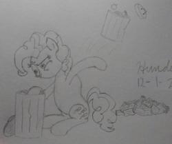 Size: 669x559 | Tagged: safe, artist:hundashter, pinkie pie, earth pony, pony, g4, female, monochrome, no mouth, solo, traditional art, trash can