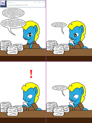 Size: 1204x1604 | Tagged: safe, artist:dekomaru, oc, oc only, oc:the detective, earth pony, pony, tumblr:ask twixie, ask, comic, exclamation point, male, paper, solo, stallion, tumblr