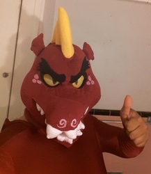 Size: 410x472 | Tagged: safe, garble, dragon, human, g4, clothes, cosplay, costume, dragon costume, fursuit, irl, irl human, mask, photo, thumbs up