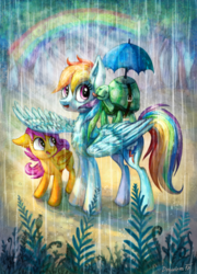 Size: 757x1054 | Tagged: safe, artist:drawirm, rainbow dash, scootaloo, tank, pegasus, pony, tortoise, g4, :p, affection, chest fluff, ear fluff, female, filly, floppy ears, foal, folded wings, licking, mare, open mouth, open smile, rain, rainbow, scootalove, signature, smiling, spread wings, tongue out, umbrella, wing umbrella, wings