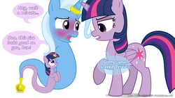Size: 1280x720 | Tagged: safe, artist:pegachess, trixie, twilight sparkle, alicorn, genie, pony, ask the resized ponies, g4, female, giant pony, horn, horn ring, lesbian, macro, ship:twixie, shipping, size difference, twilight sparkle (alicorn)