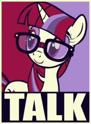 Size: 1028x1400 | Tagged: safe, artist:semonx, moondancer, pony, unicorn, g4, bust, female, glasses, hope poster, limited palette, looking away, mare, poster, shepard fairey, smiling, solo, taped glasses, three quarter view