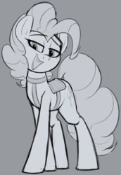 Size: 571x831 | Tagged: safe, artist:january3rd, pinkie pie, earth pony, pony, g4, female, gray background, grayscale, lidded eyes, looking at you, mare, monochrome, open mouth, saddle, simple background, solo, tack