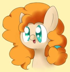 Size: 582x600 | Tagged: safe, artist:brsajo, pear butter, earth pony, pony, g4, the perfect pear, bust, cute, female, portrait, simple background, smiling, solo, yellow background