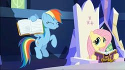 Size: 1673x936 | Tagged: safe, screencap, fluttershy, rainbow dash, pegasus, pony, fame and misfortune, g4, book, friendship throne