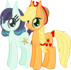 Size: 1138x1119 | Tagged: dead source, safe, artist:casanova-mew, applejack, coloratura, earth pony, pony, g4, alternate hairstyle, braid, female, lesbian, mare, ship:rarajack, shipping, simple background, transparent background