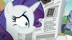 Size: 1667x932 | Tagged: safe, screencap, diamond cutter, rarity, pony, unicorn, fame and misfortune, g4, crying, female, male, mare, newspaper, stallion, this will end in marshmelodrama