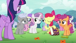 Size: 1920x1080 | Tagged: safe, screencap, alula, apple bloom, aura (g4), chipcutter, pluto, ruby pinch, scootaloo, sweetie belle, tornado bolt, twilight sparkle, alicorn, pony, fame and misfortune, g4, cutie mark crusaders, hurricane storm, twilight sparkle (alicorn)