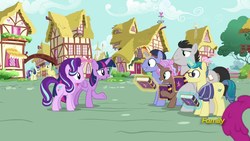 Size: 1920x1080 | Tagged: safe, screencap, berry punch, berryshine, bon bon, butter up, cocoa candy, first edition, goldengrape, royal gambit, sir colton vines iii, starlight glimmer, sweetie drops, twilight sparkle, alicorn, earth pony, pony, unicorn, fame and misfortune, g4, book, discovery family logo, female, friendship journal, magic, magic aura, male, mare, ponyville, stallion, telekinesis, twilight sparkle (alicorn)