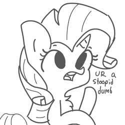 Size: 1650x1650 | Tagged: safe, artist:tjpones, rarity, pony, unicorn, g4, black and white, chest fluff, dialogue, dumb, female, frown, grayscale, insult, mare, monochrome, open mouth, simple background, sketch, solo, stupid, white background