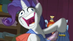 Size: 1669x933 | Tagged: safe, screencap, rarity, pony, unicorn, fame and misfortune, g4, season 7, crazy face, crying, derp, discovery family logo, faic, female, insanity, it begins, mare, marshmelodrama, meme origin, nightmare fuel, rariderp, rarisnap, solo, why i'm creating a gown darling, you know for kids