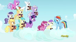 Size: 1920x1080 | Tagged: safe, screencap, alula, cotton cloudy, cupid (g4), mango dash, noi, pinkie feather, pluto, rainbow dash, rainy feather, sweet pop, tornado bolt, twilight sparkle, alicorn, pegasus, pony, fame and misfortune, g4, background pony, cloud, discovery family logo, female, filly, flying, foal, hoof hold, mare, raised hoof, standing on a cloud, twilight sparkle (alicorn)