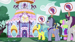 Size: 914x514 | Tagged: safe, screencap, daisy, diamond cutter, flower wishes, lavender bloom, lemon hearts, linky, rarity, shoeshine, twilight sparkle, written script, alicorn, earth pony, pony, unicorn, fame and misfortune, g4, anti-rarity sign, carousel boutique, discovery family logo, female, male, mare, stallion, twilight sparkle (alicorn)
