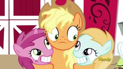 Size: 1920x1080 | Tagged: safe, screencap, applejack, rosy gold, ruby pinch, pony, fame and misfortune, g4, background pony, bean mouth, female, filly, foal, offscreen character, slasher smile