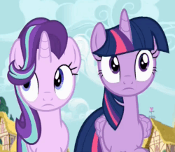 Size: 428x372 | Tagged: safe, screencap, starlight glimmer, twilight sparkle, alicorn, pony, fame and misfortune, g4, animated, duo, female, gif, looking at each other, loop, twilight sparkle (alicorn)