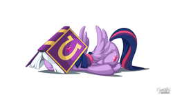 Size: 2560x1440 | Tagged: safe, artist:mysticalpha, twilight sparkle, alicorn, pony, fame and misfortune, g4, book, book hat, facebooking, female, friendship journal, mare, prone, simple background, solo, spread wings, that pony sure does love books, twilight sparkle (alicorn), white background, wingboner, wings